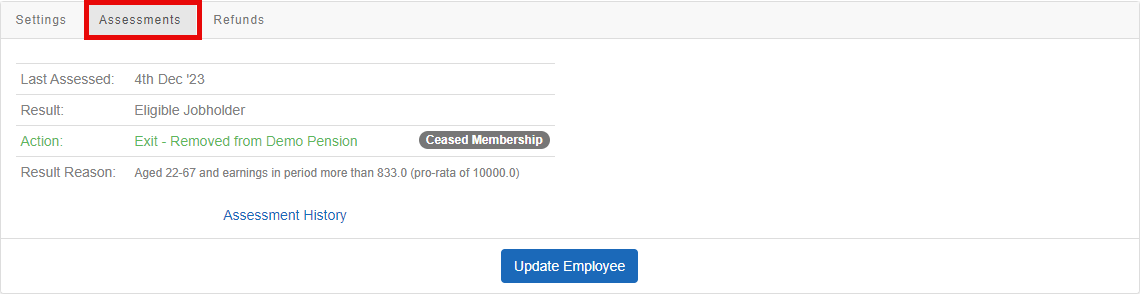 on the Employee Pension menu, the Assessments option is highlighted