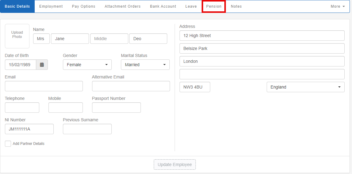 The employee record with the pensions tab highlighted