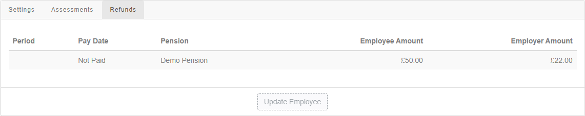 Pension refund not yet paid for the demo pensio. £50 employees refund and £22 employers refund. Both due.