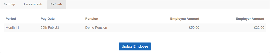 The pensions refund screen showing the refund amount and period it was paid. 