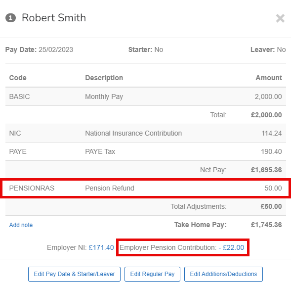 Payrun screen shwoing the pension refund amount for employees and employers.