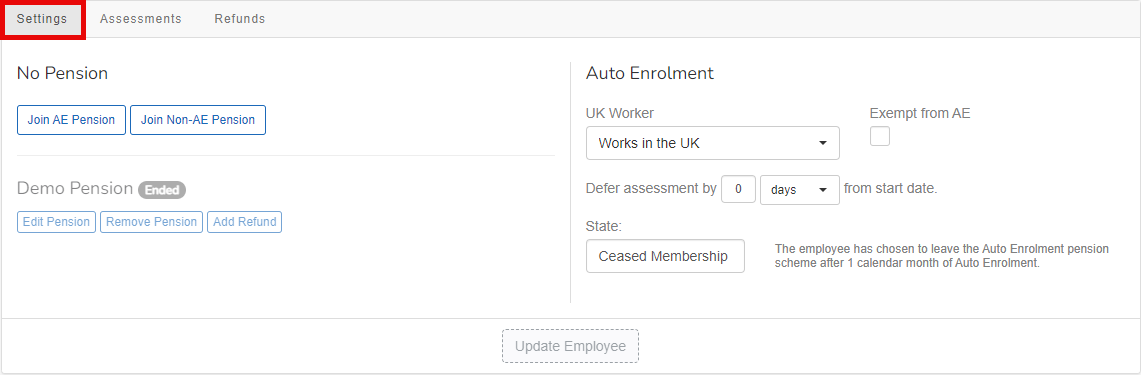 the Employee pensions screen with settings option highlighted