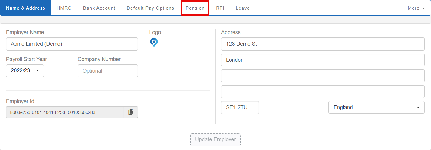 Employer Settings screen, with Pension tab highlighted