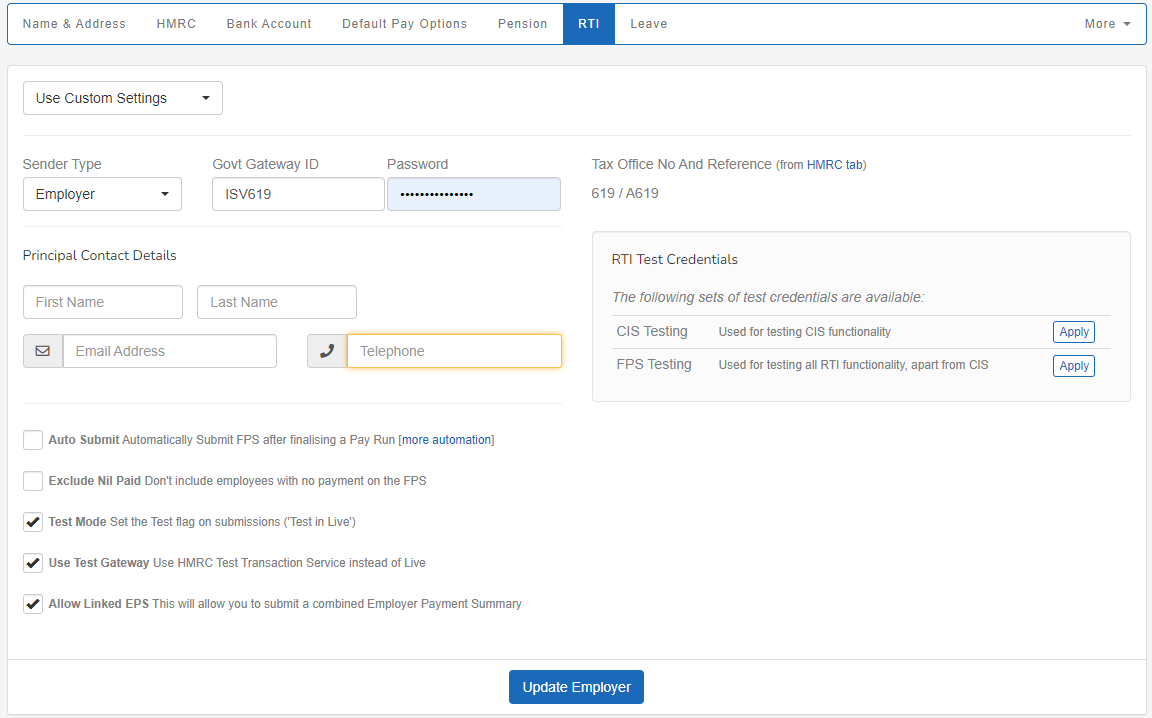 the edit Employer Details screen, with the RTI tab selected