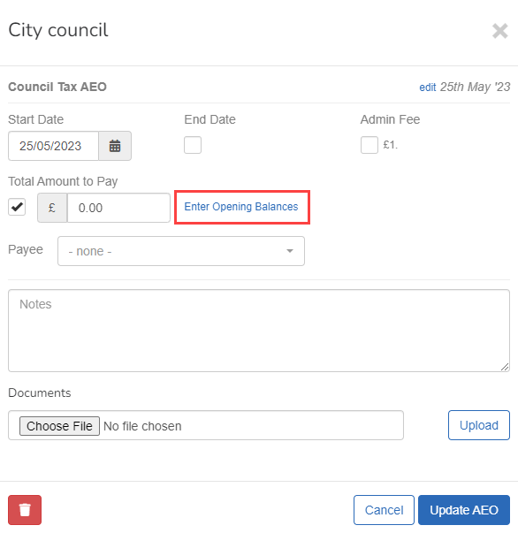 updating an existing Employee attachment order, with Enter Opening Balances highlighted