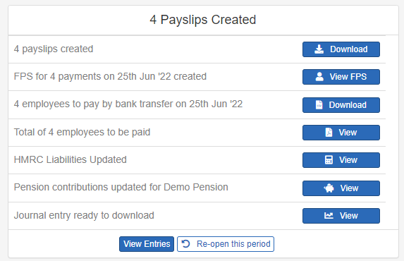 list of tasks presented when finalising payslips