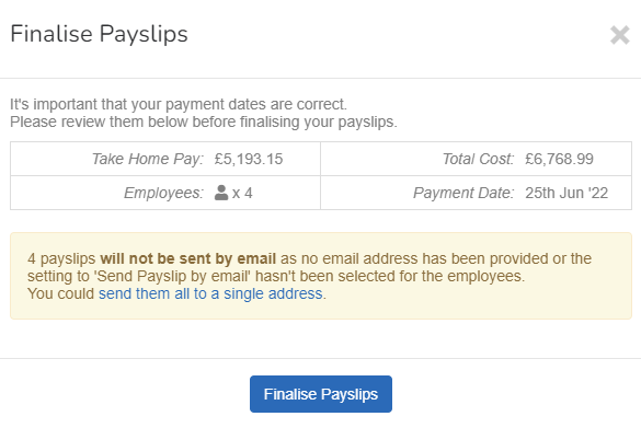 finalise payslips pop up showing take home pay, total cost and number of employees