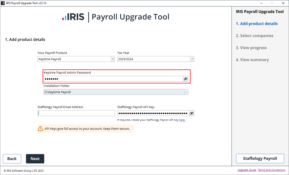 Enter the Keytime Payroll Admin Password.