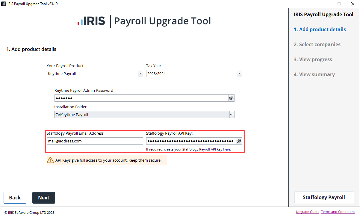 Enter your Staffology Payroll Email Address and API Key