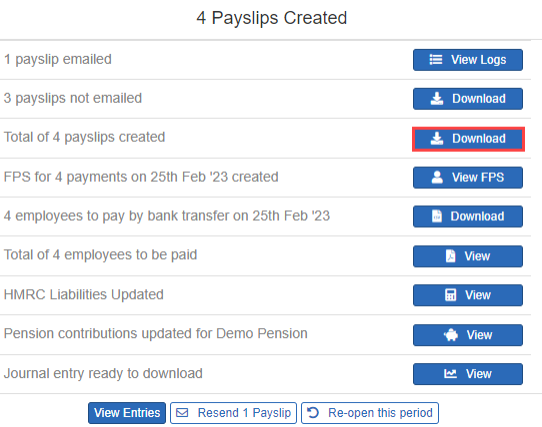 Select Download to save a copy of all payslips, including those emailed to employees.