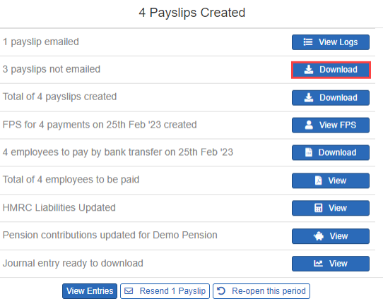 Select Download to produce payslips for employees without an email address.