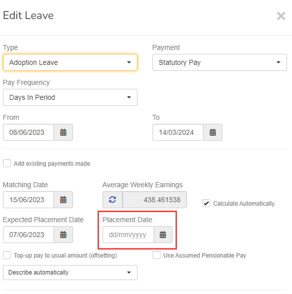 Edit Employee Leave screen, with Placement Date field highlighted