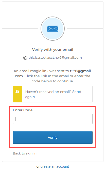 account password reset process, with Verify with your email screen and Enter Code text highlighted